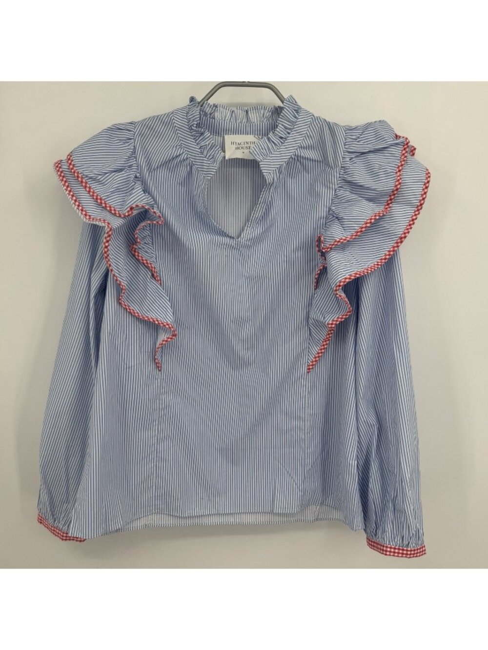 Hycainth House by Tuckernuck Blue Stripe Gingham Ruffle Holly Blouse size M NWT